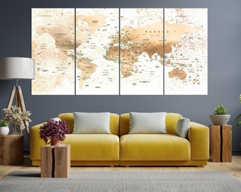 Map of the World in Beige Tones Print Canvas, Large World Map Decor for House, Map Pictures on Canvas, Antique World Map for Wall