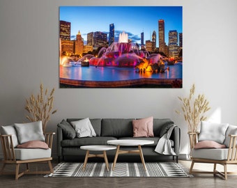 Chicago Prints Canvas, Chicago Illinois City Print, Chicago Waterfall Wall Art, Chicago Travel Art, Chicago at Night Painting Decor