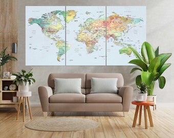 Decor for Wall with World Map, Painting World Map on Canvas, World Map Canvas Sets, Map of the World Decor for Room, Geography Decor Wall