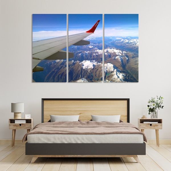 View from the Plane Window of the Beautiful Mountains Print on Canvas Art, Airplane Wing Print Picture on Canvas, Passenger Plane Photo Art