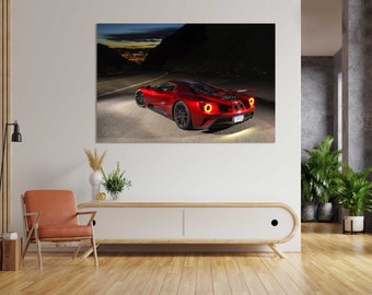 Red Ford GT Cool Decor for Home Design, Ford GT at Night Modern Large Wall Decor, Red Car Painting on Canvas, Sport Car Art for Gift