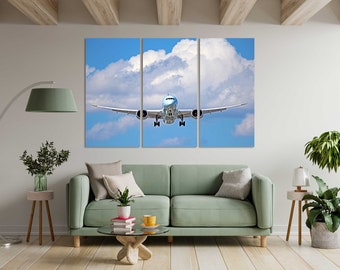 Passenger Plane in Sky Art for Decor Wall, Airplane Decor for Home, Aircrafts Painting Art, Transportations Art on Canvas, Plane Print Art