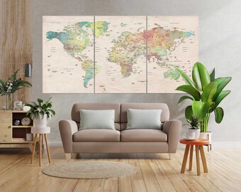 Watercolor World Map Wall Decoration, World Map in Pastel Tones, Map Print on Canvas, Map for Gift, Travel Map, Map Artwork, World Map Art