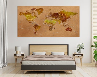 World Map in Brown Tones Print on Canvas, Push Pin World Map Modern Decor for Wall, Map on Canvas, Large World Map for Home, Geography Map