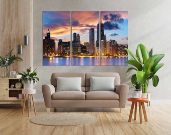 Chicago Modern City Print Canvas, Chicago Night Cityscape, Illinois State Painting Wall Decor, American City Wall Decoration, Colorful Sky