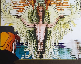 May include: A vintage poster advertising a Belgian Art Nouveau exhibition. The poster features a colourful illustration of a person with wings, surrounded by a swirling, abstract design. The text on the poster reads "BELGICKÝ SECESNĪ plakát" and includes information about the exhibition dates and organisers.
