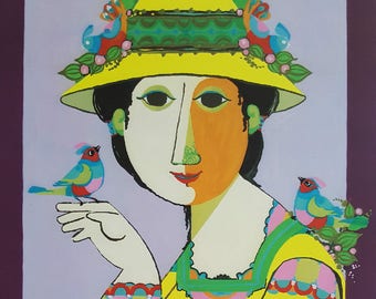 1984 Lady with Birds by Wiinblad - Original Vintage Poster