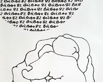 May include: A black and white line drawing of two figures embracing. The drawing is on a white background with the text "COPA DEL MUNDO DE FUTBOL ESPANA 82" at the bottom.