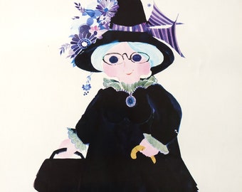 May include: A vintage illustration of a woman wearing a black dress and a wide-brimmed hat with purple flowers. She is holding a black purse and a yellow bird is on the ground. The text "TIVOLI KØBENHAVN" is at the bottom of the image.