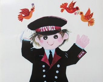 May include: A vintage poster advertising Tivoli Gardens in Copenhagen, Denmark. The poster features a cartoon illustration of a conductor wearing a black uniform with red accents and a black cap with the word "Tivoli" on it. The conductor is waving and smiling. The poster also features two red birds with orange accents flying in the background.