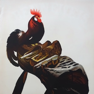 May include: A vintage poster advertising Frilandsmuseet, a Danish open-air museum. The poster features a rooster perched on a wooden sculpture, with the museum's name in bold black letters at the bottom.