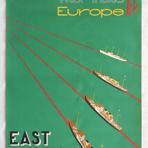 May include: A vintage travel poster advertising passenger service for East Asiatic Co., Ltd. The poster features a green background with red lines and four ships sailing towards the top of the poster. The text on the poster reads "Passenger Service", "North Pacific", "West Indies", "Europe", "East Asiatic Co., Ltd."