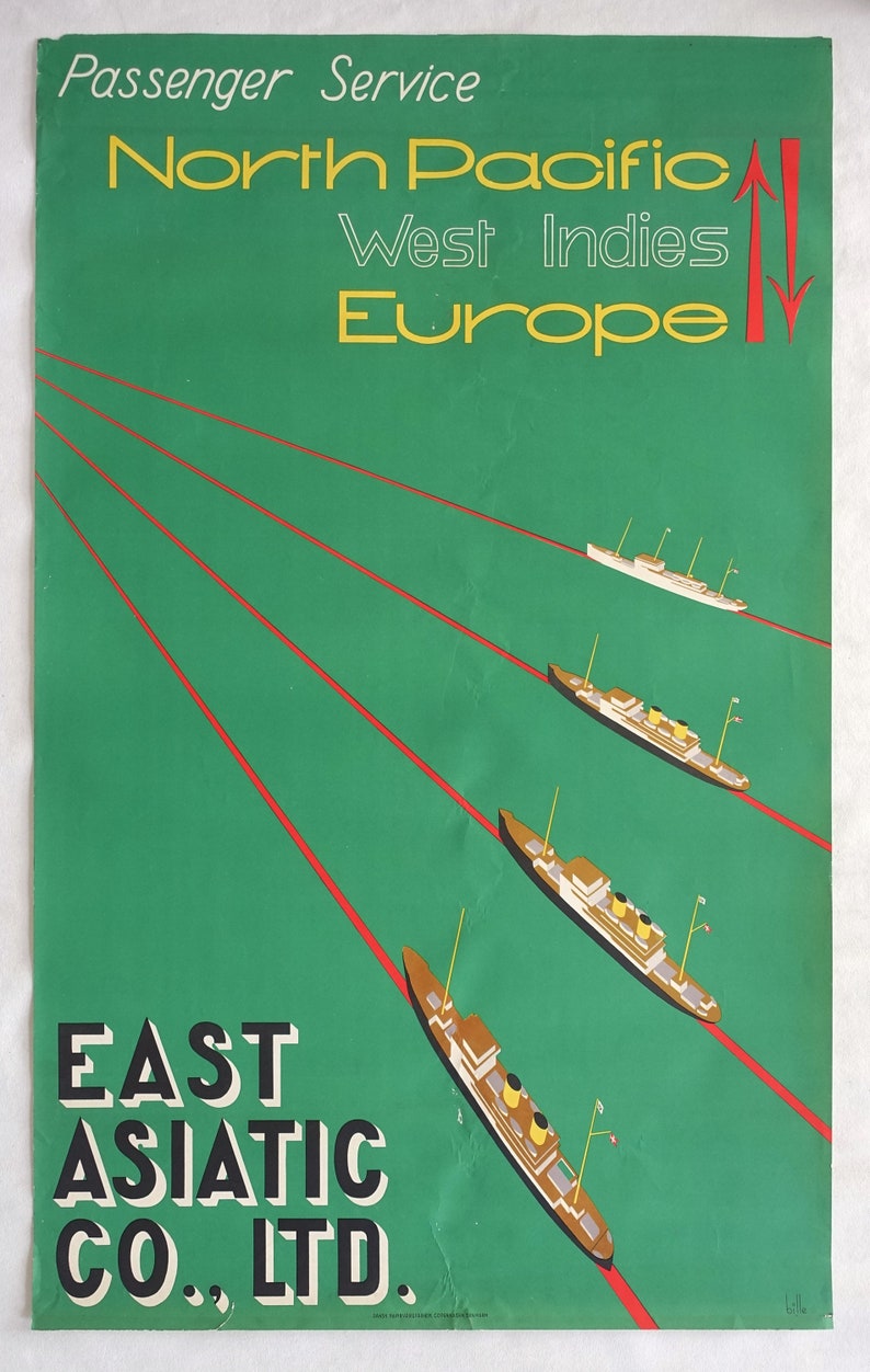 May include: A vintage travel poster advertising passenger service for East Asiatic Co., Ltd. The poster features a green background with red lines and four ships sailing towards the top of the poster. The text on the poster reads "Passenger Service", "North Pacific", "West Indies", "Europe", "East Asiatic Co., Ltd."