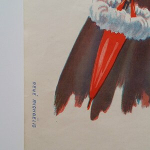 May include: A vintage poster featuring a woman in a blue and white dress holding a red umbrella with a white trim. The woman is wearing a red bow and a white fur trim around her waist. The poster is signed "Ren&eacute; Micha&euml;lis."