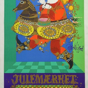 May include: A vibrant vintage poster featuring a festive illustration of a figure riding a reindeer, playing a trumpet. The figure is in red and orange, with gold details. The poster includes the text "JULEM&AElig;RKET 1968".