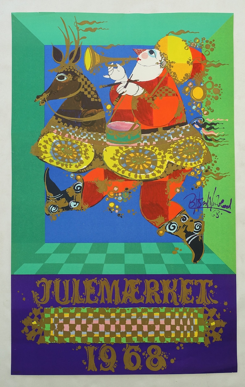 May include: A vibrant vintage poster featuring a festive illustration of a figure riding a reindeer, playing a trumpet. The figure is in red and orange, with gold details. The poster includes the text "JULEM&AElig;RKET 1968".