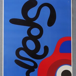 May include: A red car with a black exhaust pipe that is shaped like the word "whoops" on a blue background. The text "Spar p&aring; energien" is at the bottom of the poster.