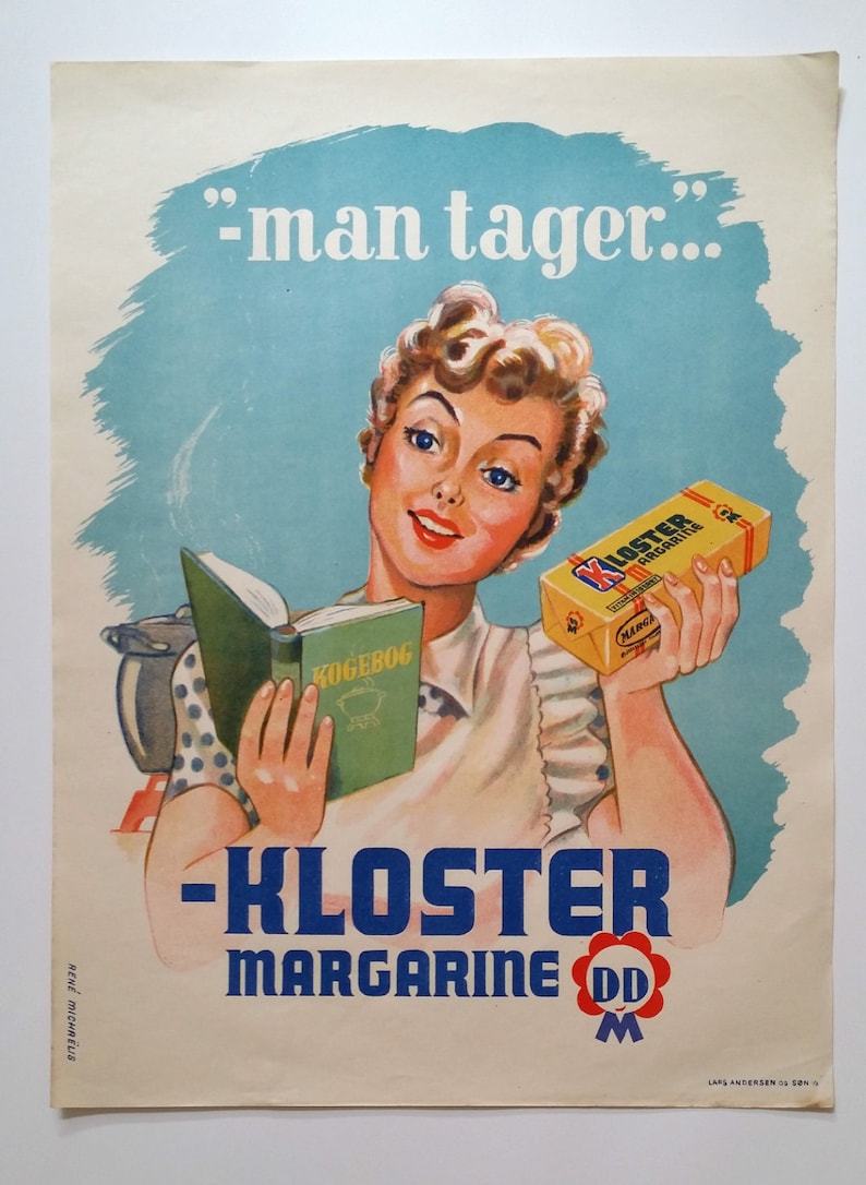 May include: A vintage advertisement for Kloster margarine featuring a woman holding a cookbook and a package of margarine. The text on the package reads "Kloster Margarine" and the text on the advertisement reads "man tager... Kloster Margarine".