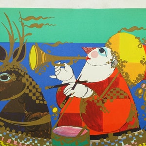 May include: Vibrant illustration of a musician playing a trumpet, riding a brown deer. The musician is in a red coat and yellow hat. The background has blue and green geometric shapes.