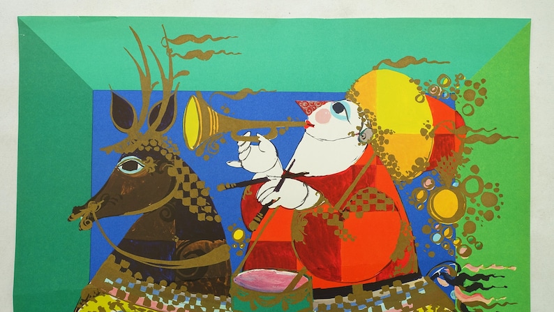 May include: Vibrant illustration of a musician playing a trumpet, riding a brown deer. The musician is in a red coat and yellow hat. The background has blue and green geometric shapes.