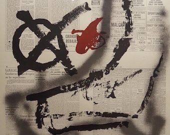 May include: A poster featuring the text Barcelona 82 in black and white brushstrokes over a background of vintage newspaper columns. A large black circular graphic with a red center mark is overlaid. The bottom text reads COPA DEL MUNDO DE FUTBOL ESPAÑA 82.
