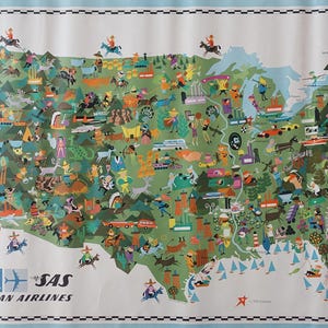 1961 SAS Fluglinie Werbung von Clausen - Karte von USA - Original Vintage Plakat