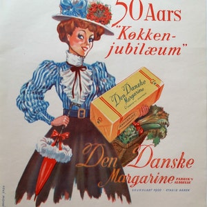 Anuncio de margarina de mantequilla danesa de 1950 - Margarina Den Danske - Póster vintage original