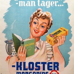 Anuncio de margarina de mantequilla danesa de la década de 1950 - Margarina Kloster - Póster vintage original