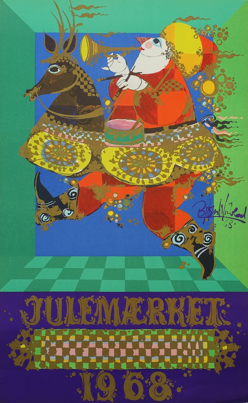 May include: A vintage poster with a colourful illustration of a figure playing a trumpet while riding a decorated animal. The figure wears red and orange clothing and a yellow hat. The poster features the text "JULEM&AElig;RKET 1968" in gold lettering against a blue and purple backdrop.
