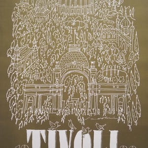 May include: A brown poster featuring a white line-art illustration of the Tivoli Gardens, including various buildings, trees, and crowds. The text TIVOLI 1980 is printed in large white letters at the bottom of the poster, with additional small text.