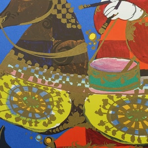 May include: Vibrant abstract artwork depicting two figures on horseback. The figures wear red and white attire with gold detailing. The horses are brown with yellow saddles. The background is blue and green.
