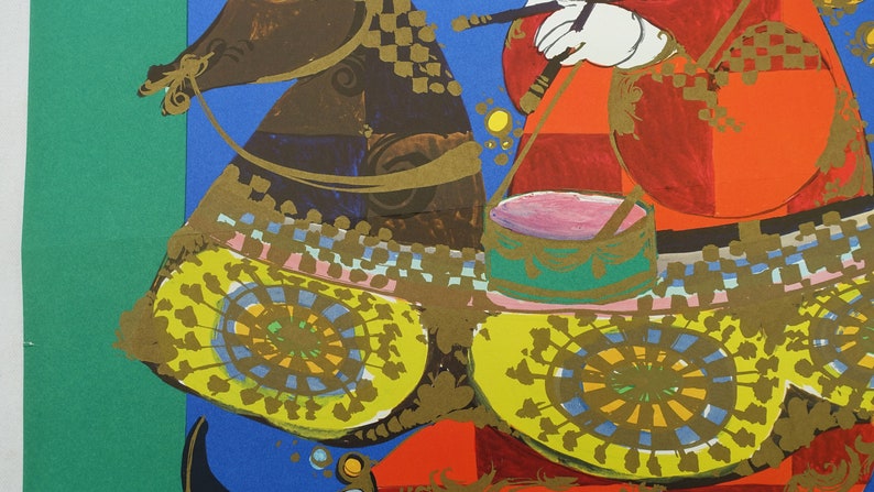 May include: Vibrant abstract artwork depicting two figures on horseback. The figures wear red and white attire with gold detailing. The horses are brown with yellow saddles. The background is blue and green.