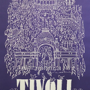 May include: A purple poster featuring a white line drawing of the Tivoli Gardens. The illustration depicts various architectural structures, trees, and crowds of people. The text TIVOLI 1980 is printed in large white letters at the bottom of the poster.