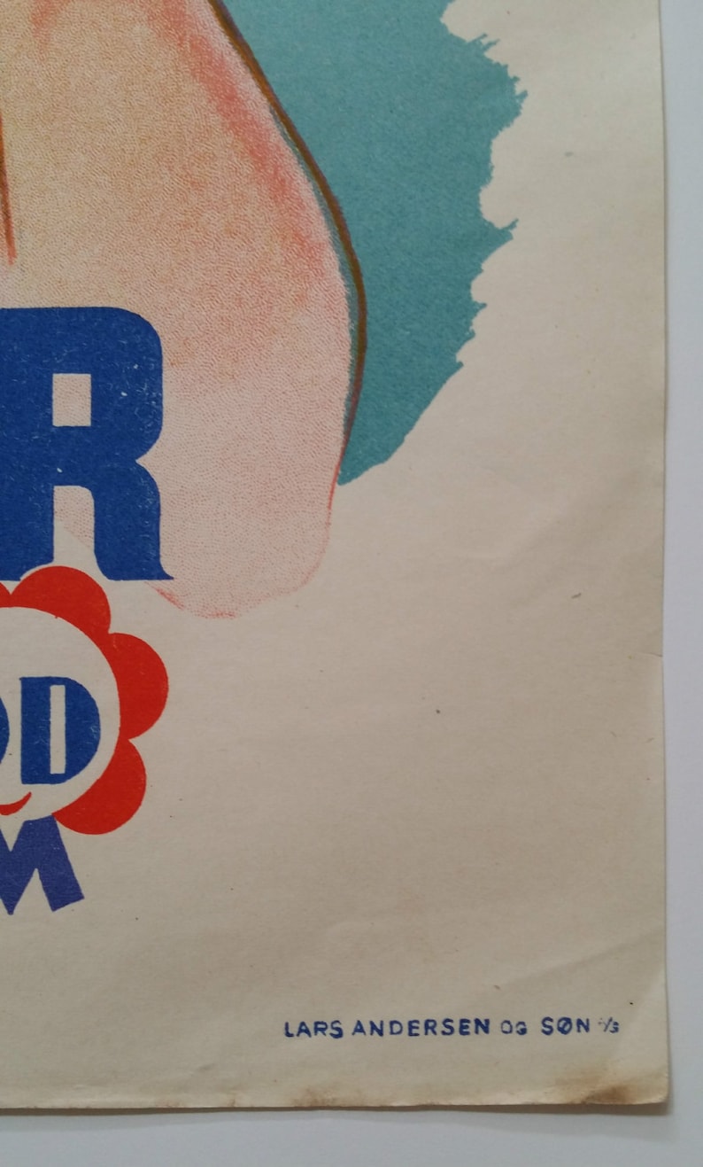 May include: A vintage poster with a blue, red, and white design. The poster features a large blue letter "R" and a red flower with a white "D" in the center. The text "LARS ANDERSEN & SON" is printed in blue at the bottom of the poster.