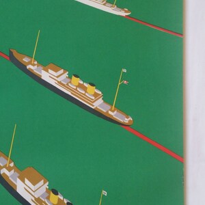 May include: A vintage poster featuring three ships sailing on a green sea with red wakes. The ships are white, black, and brown with yellow accents. The poster has a simple, graphic design.
