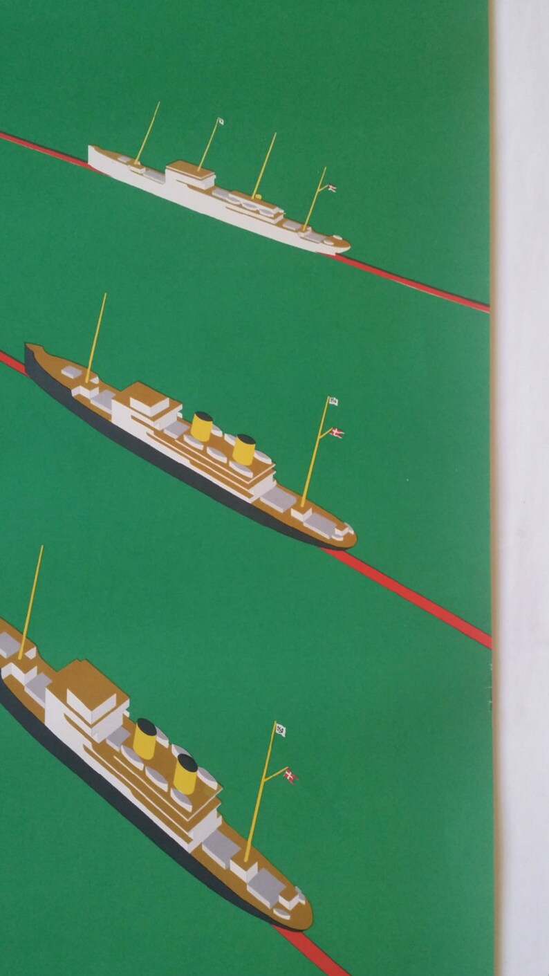 May include: A vintage poster featuring three ships sailing on a green sea with red wakes. The ships are white, black, and brown with yellow accents. The poster has a simple, graphic design.