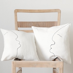Japandi pillow cover for minimalist modern interior one line drawing kiss face black and white by Linenspace image 1