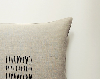 Natural Linen Pillow Cover With Black Abstract Motive For Japandi Style Home Decor
