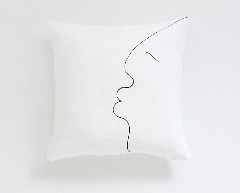 Japandi pillow cover for minimalist modern interior one line drawing kiss face black and white by Linenspace image 4