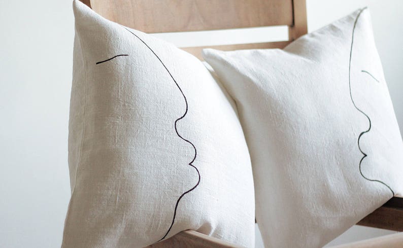 Japandi pillow cover for minimalist modern interior one line drawing kiss face black and white by Linenspace image 3