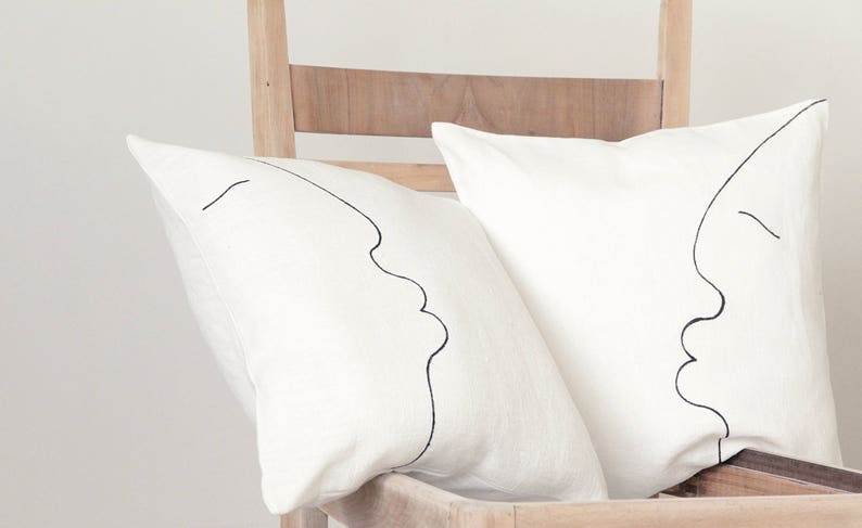 Japandi pillow cover for minimalist modern interior one line drawing kiss face black and white by Linenspace image 9