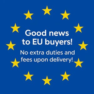 K&ouml;nnte beinhalten: Blauer Hintergrund mit einem Kreis aus gelben Sternen, &auml;hnlich der Flagge der Europ&auml;ischen Union. Der wei&szlig;e Text lautet: "Gute Nachrichten f&uuml;r EU-K&auml;ufer! Keine zus&auml;tzlichen Z&ouml;lle und Geb&uuml;hren bei Lieferung!"