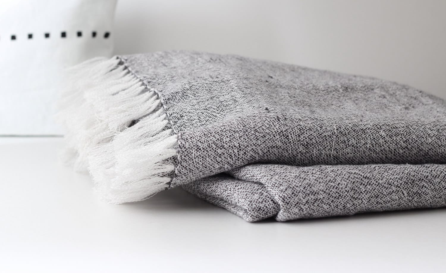 Black and white linen sofa throw with handmade fringes Etsy
