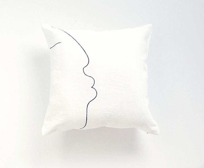 Japandi pillow cover for minimalist modern interior one line drawing kiss face black and white by Linenspace image 2