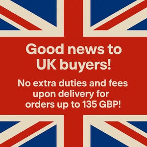 K&ouml;nnte beinhalten: Grafik mit dem Union Jack in Rot, Wei&szlig; und Blau. Der Text lautet: &bdquo;Gute Nachrichten f&uuml;r UK-K&auml;ufer! Keine zus&auml;tzlichen Z&ouml;lle und Geb&uuml;hren bei Lieferung f&uuml;r Bestellungen bis zu 135 GBP!"