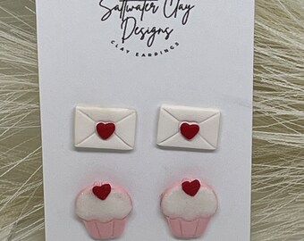 Valentine’s Day Stud Earrings, Polymer Clay Earrings, Hypoallergenic, Cupcake Earrings, Love Letter Earrings