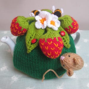 Hand Knitted Pesky Mouse And Strawberries Tea Cosy Knitted Bumble Bees & Button Ladybirds