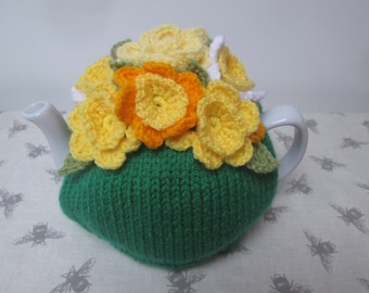 Hand Knitted Spring Time Floral Tea Cosy, Crochet Flowers  To Fit A Medium 5/6 Cup ~ Medium Tea Pot