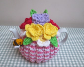 Hand Knitted Summer Garden Floral Tea Cosy, Crochet Flowers & Knitted Bumble Bee To Fit A Medium 5/6 Cup ~ Medium Tea Pot