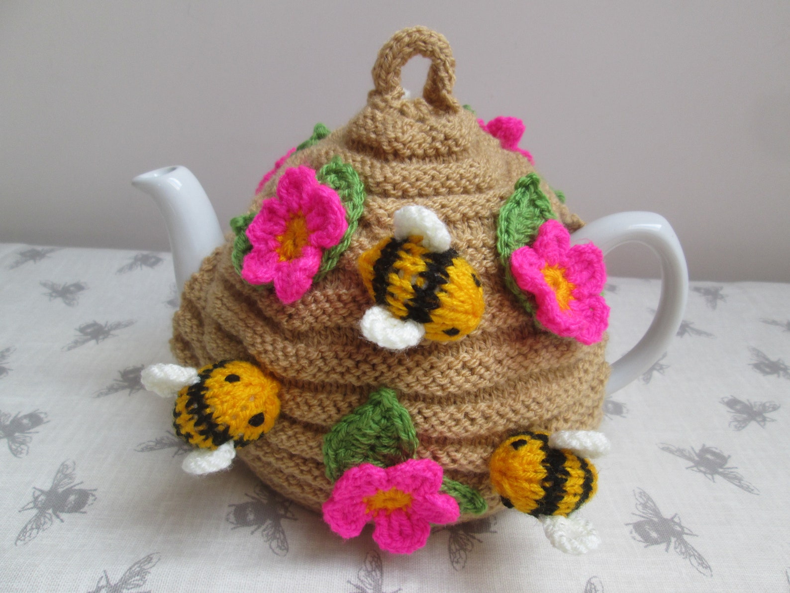 Hand Knitted Bee Hive Tea Cosy Cozy With Bumble Bees & Flowers Etsy